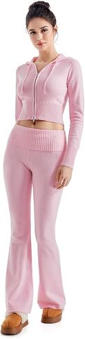SUUKSESS Women 2 Piece Fall Sets Cropped Zip Up Hoodie Foldover Flare Leg Pants in Saudi Arabia