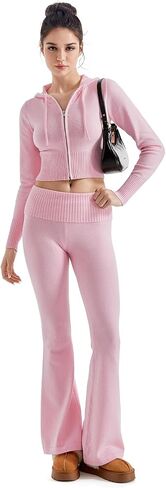 SUUKSESS Women 2 Piece Fall Sets Cropped Zip Up Hoodie Foldover Flare Leg Pants in Saudi Arabia