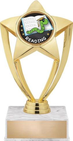 Crown Awards Reading Trophy, 7" Reading Bookworm Star Trophy On White Luxury Trophy Base in Saudi Arabia