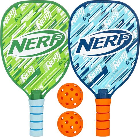 NERF 2 Player Pickleball Paddle Set - Youth Pickleball Equipment Set - (2) Wooden Pickleball Paddles with Foam Grips + (2) Outdoor Pickleballs for Kids - Carry Bag Included in Saudi Arabia