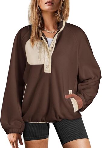 Dokotoo Sweatshirt for Women Oversized Fuzzy Fleece Jacket Color Block Button Long Sleeve Pullover Sherpa Sweatshirts Tops in Saudi Arabia