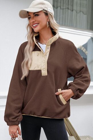 Dokotoo Sweatshirt for Women Oversized Fuzzy Fleece Jacket Color Block Button Long Sleeve Pullover Sherpa Sweatshirts Tops in Saudi Arabia