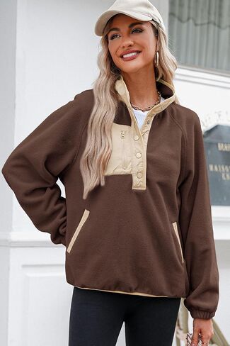 Dokotoo Sweatshirt for Women Oversized Fuzzy Fleece Jacket Color Block Button Long Sleeve Pullover Sherpa Sweatshirts Tops in Saudi Arabia
