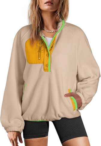 Dokotoo Sweatshirt for Women Oversized Fuzzy Fleece Jacket Color Block Button Long Sleeve Pullover Sherpa Sweatshirts Tops in Saudi Arabia
