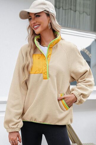Dokotoo Sweatshirt for Women Oversized Fuzzy Fleece Jacket Color Block Button Long Sleeve Pullover Sherpa Sweatshirts Tops in Saudi Arabia