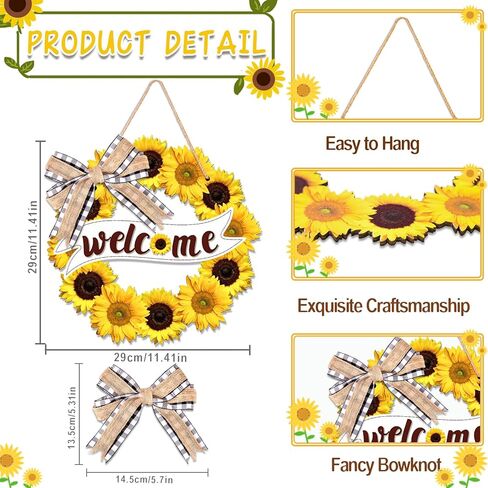 أكاليل عباد الشمس لديكور الباب الأمامي، لافتة ترحيب صيفية مع فيونكة لديكورات تعليق الحائط لباب الشرفة المنزلية in Kuwait