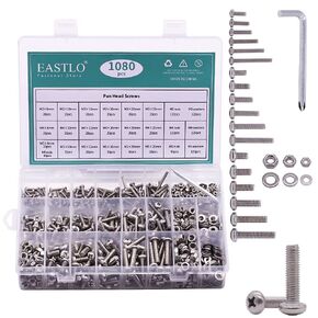 EASTLO 1080 PCS M3 M4 M5 Pan Head Machine Screws Hardware Kits Phillips Drive Assortments Stainless Steel 304 (18-8) Full Thread