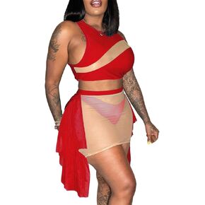 Womens Sexy 3 Piece Bikini Swimsuit Mesh See Through Top Skirt Set Summer Beach Bathing Suit