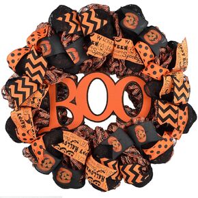 Halloween Door Wreaths | Orange Boo Mesh Welcome Outdoor Front Door Wreath | Black Orange Polka Dot