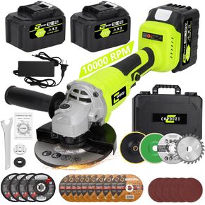 Cordless Angle Grinder Set, 2x 6.0 AH Batteries,21V Power Angle Grinder Tools,10000 RPM Brushless Electric Grinder with 10-5" Cutting Wheel, Flap Wheel, Wool Carving Wheel for Cutting & Grinding