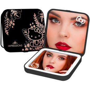 Impressions Vanity Hello Kitty Supercute Compact Mirror with Touch Sensor Switch for Adjustable Brightness, Lighted Makeup Mirror with LED Lights and 2X Magnifying Mirror Top (Pink)
