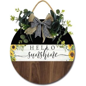 Hello Sunshine Front Door Sign Funny Wreaths Hanging Wooden Plaque Decoration Round Rustic Wood Farmhouse Porch Decor for Home Front Door Decor, 12 x 12 Inch