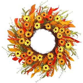 20" Artificial Fall Wreath for Front Door Orange Daisy Autumn Wreath with Colorful Wildflowers and Autumn Foliage Farmhouse Fall Door Wreath for Harvest Thanksgiving Fall Decorations