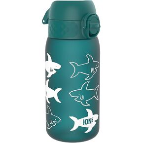 Ion8 Small Water Bottle, 350 ml/12 oz, Leak Proof, Easy to Open, Secure Lock, Dishwasher Safe, BPA Free, Carry Handle, Flip Cover, Easy Clean, Odor Free, Carbon Neutral, Aqua Blue, Sharks Design