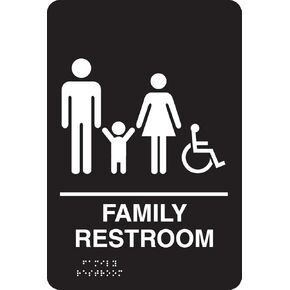 Accuform PAD122BK Plastic ADA Braille Tactile Sign, "Family Restroom" with Wheelchair/Handicapped Accessible Graphic, 9" Length x 6" Width x 1/8" Thickness, White on Black