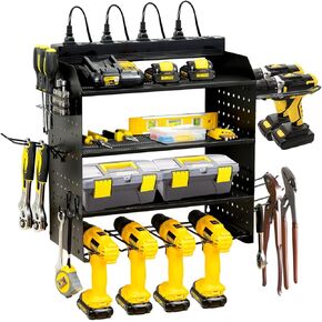 Power Tool Organizer Wall Mount with Charging Station, Heavy Duty 6 Layer Drill Holder, Storage Rack with 4 Shelves,Metal Tool Holder with Power Strip and 6.5ft Cord for Garage, Workbench and Workshop