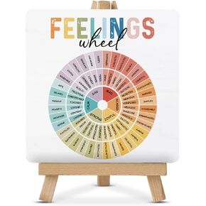 Mental Health Sign Feelings Wheel Wood Sign with Easel Therapy Office Wood Plaque Decor for Classroom Desk Shelf