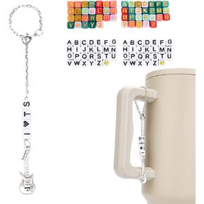 Bottle Chain, Red Green Purple Silver Letter Charms Accessories with Guitar Pendant Water Bottle Keychain with Colorful Cube Letter Beads for Birthday Graduation Compatible with Stanley Cup