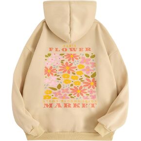 GORGLITTER Graphic Hoodies for Women Floral Letter Print Drawstring Long Sleeve Sweatshirts Pullover Tops