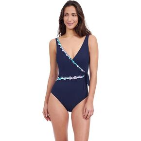 Profile by Gottex Harmony Navy Ruffle Trim Women’s Surplice Side Tie One Piece Bathing Suit Swim Essential