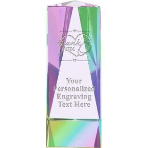 Customize Now Your Own 6" Thank You with Heart Rainbow Prism Crystal Award, Custom Engraved Thank You with Heart Crystal Trophy, Engraving Included, Prime