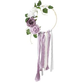Wedding Artificial Floral Hoop Wreath for Bridesmaids, Artificial Rose Flower Round Frame Wreath with Lace and Ribbons for Wedding Ceremony Bridal Shower Anniversary (Green)