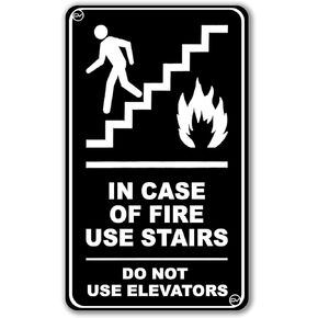 In Case Of Fire Use Stairway, Stairs Sign, ADA Signage White/Black Plastic Acrylic, Double Side Tape, Adhesive, Easy Mounting, Do Not Use Elevators (Black, White', 6"x10")