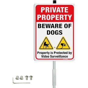 T&R Large Private Property Beware of Dogs Sign with 36" Stake for Outside - 2 Pack - 14"x10" .040 Rust Free Heavy Aluminum, Reflective, Waterproof, Weatherproof and Fade Resistant, 6 pre-drilled holes,Includes Matching Screws & Wrench, Easy to Mount