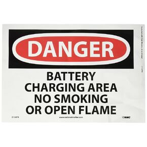 NMC D133R DANGER - BATTERY CHARGING AREA NO SMOKING OR OPEN FLAMES Sign - 10 in. x 7 in., Red/Black Text on White, Plastic Danger Sign