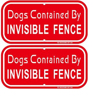 2 Pack Dogs Contained By Invisible Fence Sign, 12x6 Inch Rust Free Aluminum Dog Contained Sign for Fence, Sturdy, Weather Resistant, Waterproof, Easy to Install