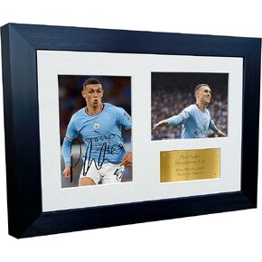 12x8 A4 Phil Foden Manchester City Triple Autographed Signed Photo Photograph Picture Frame Football Soccer Poster Gift Gold