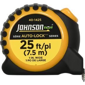 Johnson Auto-Lock™ 25' Tape Measure, 40-1425, Inch/Metric, Nylon-Coated Blade, Impact Resistant Ergonomic Case, Fractional Graduations, Tiger Claw™ 4-Rivet Blade Hook