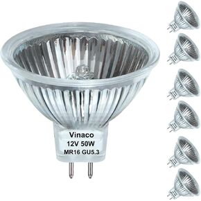 Vinaco MR16 لمبة هالوجين 50W 12V، 6 حزمة MR16 لمبة عكس الضوء، طويلة الأمد MR16 GU5.3 لمبة 50W، 2800K MR16 أبيض دافئ مع قاعدة GU5.3، هالوجين MR16 50W للمناظر الطبيعية، أضواء المسار، والألياف البصرية