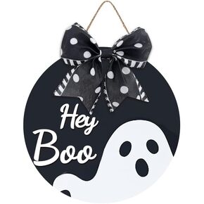 Aowotu Front Door Halloween Wreath, Ghost Door Sign Hey Boo Fall Porch Indoor Outdoor House Party Halloween Wall Decor Housewarming Gift 12"X12"
