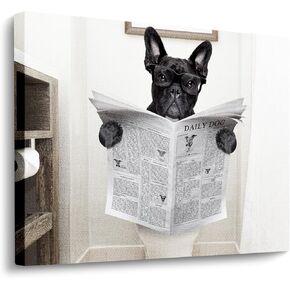 Funny Dog Canvas Wall Art Print French Bulldog Read Newspapers Sitting on Toilet Poster Prints on Canvas Painting Artwork Stretched and Framed Ready to Hang for Bathroom Walls Decor 20x16 in