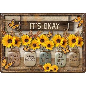 It's Okay To Make Mistakes, Vintage Metal Tin Sign Sunflowers Bouquet Bottle Wooden Style Vintage Iron Plaque For Home Kitchen Garden Yard Cafes Wall Decor 8x12 Inch