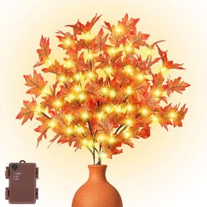 30 Inch Lighted Fall Maple Branches for Vase, 3Pcs Prelit Fall Branches with 60 LED Lights, 120 Leaves, Battery Operated with Timer Fall Stems for Autumn Thanksgiving Indoor Tabletop Decorations