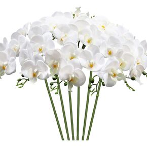 SHACOS Artificial Orchid Stems 6 Pack 20" Real Touch Orchid Flowers Faux Silk Phalaenopsis for DIY Crafts Butterfly Flower for Bouquet Arrangements Home Wedding Decoration, White, 7 Heads