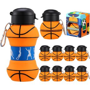 Layhit 8 Pcs Collapsible Basketball Water Bottle 18oz Basketball Cups Gifts for Kids Silicone Portable Leakproof Folding Water Bottle with Hook for Sports School Travel