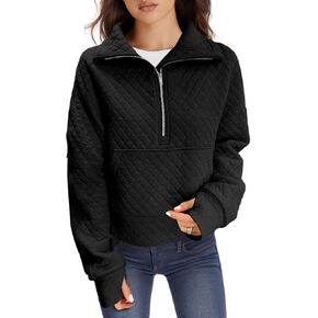 Fisoew Womens Half Zip Crop Sweatshirt Casual Collared Quilted Long Sleeve Thumbhole Pullovers with Pockets