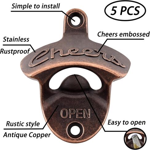 Cheers Bottle Opener Wall Mounted Soda Top Opener Rustic, Antique Copper Post Mounted Beer Bottle Cap Opener Gift for Party Wood Board (Pack of 2) in Saudi Arabia