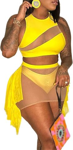 Womens Sexy 3 Piece Bikini Swimsuit Mesh See Through Top Skirt Set Summer Beach Bathing Suit in Saudi Arabia