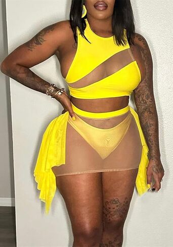 Womens Sexy 3 Piece Bikini Swimsuit Mesh See Through Top Skirt Set Summer Beach Bathing Suit in Saudi Arabia