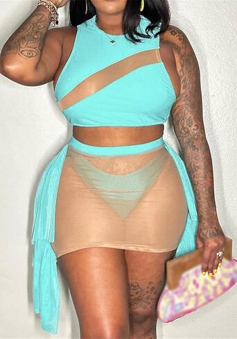 Womens Sexy 3 Piece Bikini Swimsuit Mesh See Through Top Skirt Set Summer Beach Bathing Suit in Saudi Arabia
