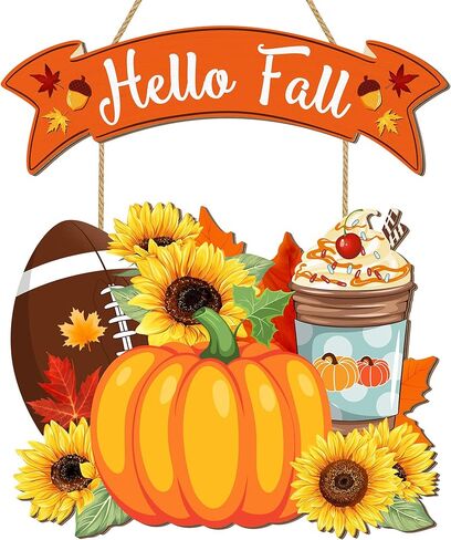 Hello Fall Welcome Door Sign, Wooden Pumpkin Hanging Decor for Front Door, Maple Leaf Football Pumpkin Spice Latte Sunflower Wall Decor Wreath for Autumn Harvest Thanksgiving Home Decorations in Kuwait