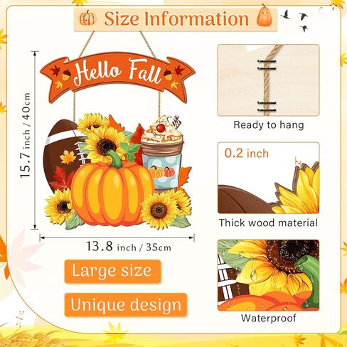 Hello Fall Welcome Door Sign, Wooden Pumpkin Hanging Decor for Front Door, Maple Leaf Football Pumpkin Spice Latte Sunflower Wall Decor Wreath for Autumn Harvest Thanksgiving Home Decorations in Kuwait