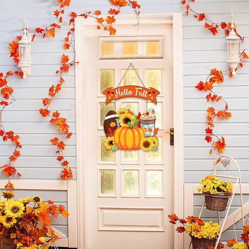 Hello Fall Welcome Door Sign, Wooden Pumpkin Hanging Decor for Front Door, Maple Leaf Football Pumpkin Spice Latte Sunflower Wall Decor Wreath for Autumn Harvest Thanksgiving Home Decorations in Kuwait