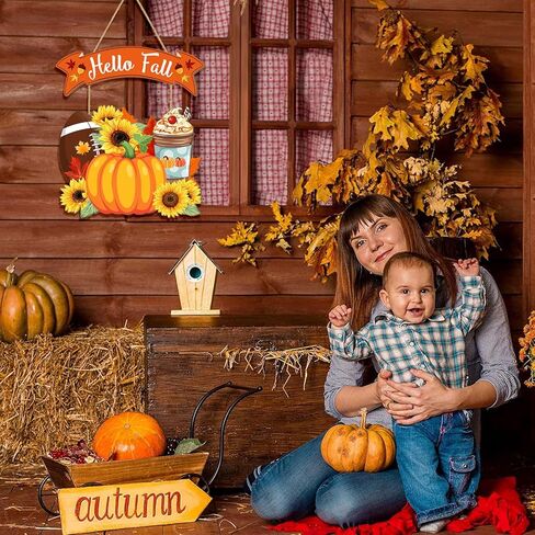 Hello Fall Welcome Door Sign, Wooden Pumpkin Hanging Decor for Front Door, Maple Leaf Football Pumpkin Spice Latte Sunflower Wall Decor Wreath for Autumn Harvest Thanksgiving Home Decorations in Kuwait