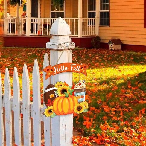 Hello Fall Welcome Door Sign, Wooden Pumpkin Hanging Decor for Front Door, Maple Leaf Football Pumpkin Spice Latte Sunflower Wall Decor Wreath for Autumn Harvest Thanksgiving Home Decorations in Kuwait