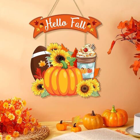 Hello Fall Welcome Door Sign, Wooden Pumpkin Hanging Decor for Front Door, Maple Leaf Football Pumpkin Spice Latte Sunflower Wall Decor Wreath for Autumn Harvest Thanksgiving Home Decorations in Kuwait